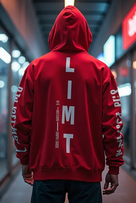 Hyper-realistic 4K image of a **bold, oversized hoodie** in **intense red**, designed with a **high-impact typographic layout**. The word **"LIMIT"** is printed **vertically in extra-large, bold, white capital letters**.
Live, Inspired, Love, Improve,
- Ea...