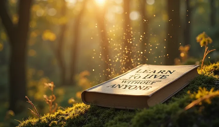 A book resting on a moss-covered rock in a sunlit forest, with golden light filtering through the trees. The book's title reads "LEARN TO LIVE WITHOUT ANYONE," with an elegant, classic font. Tiny dust particles float in the air, adding a sense of serenity.