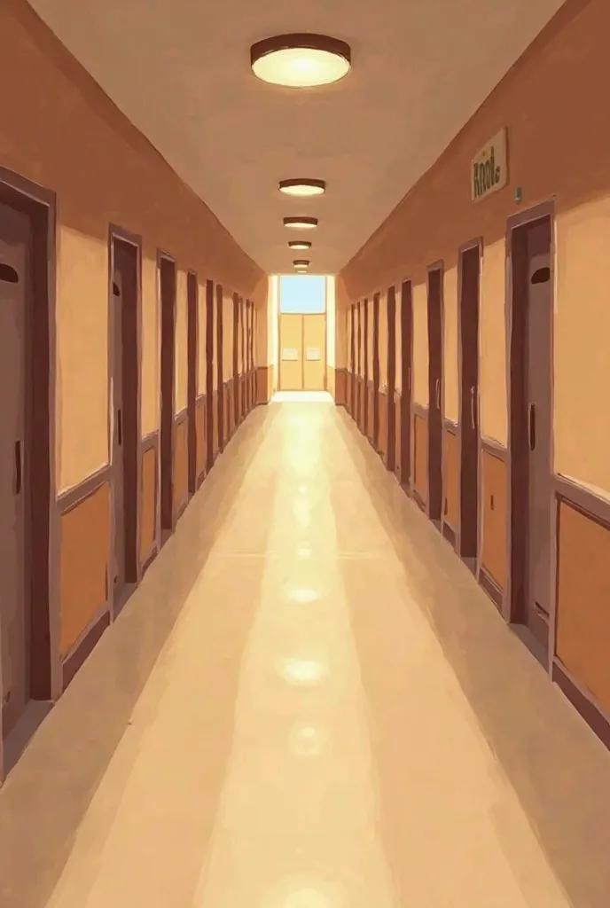 A unending hallway usually found in school. It' brown and drawn only perfect for a background for a poster with a theme of romcom