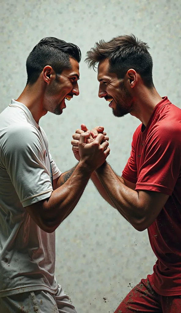 Draw a photo of Ronaldo and Messi having an arm wrestle 