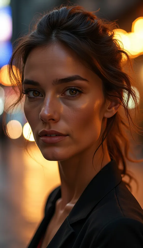 A breathtaking woman with intense, almond-shaped amber-brown eyes that radiate mystery and confidence. Her well-defined lips give off a subtle smile as she walks down Avenida Paulista, illuminated by the vibrant lights of the buildings and outdoors. His st...