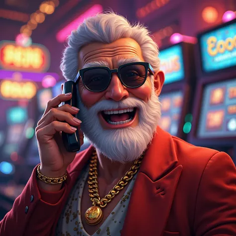 Zeus god character uses trendy glasses while laughing looking into smarphone,  standing confidently in front of a glittering casino machine .  Glamorous atmosphere with brightly colored lights and clinking coins ,  creates a feeling of pleasure and mystery...