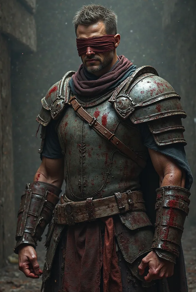 Male blindfolded with bandage, no left hand, and bloodied armor 