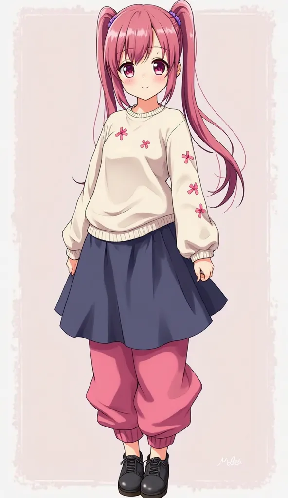 Japanese anime adolescent woman with long smooth dark ash pink hair with two pigtails and short locks and intense magenta eyes and wears a long-sleeved cream-white sweater with pink ribbon prints and loose pants in vibrant pink with deep blue skirts and we...