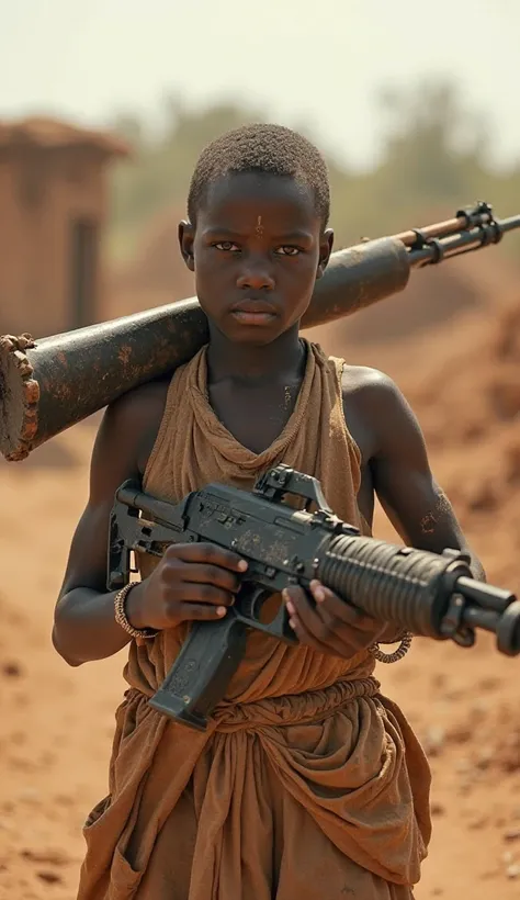 African boy holds a firearm and musical instrument