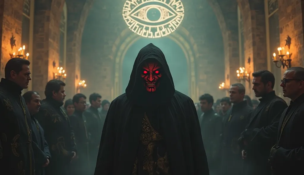 "A secret gathering of world leaders in a dimly lit, ancient chamber, all dressed in formal attire, surrounding a central figure cloaked entirely in black. His hood is slightly lowered, revealing a partially demonic face with sharp, sinister features, glow...