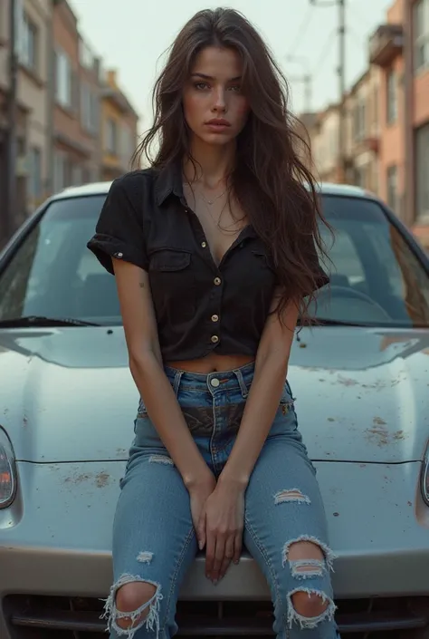 A long hair girl wear a blue jeans and black shirt and sit on the honda civic car look like an attitude girl