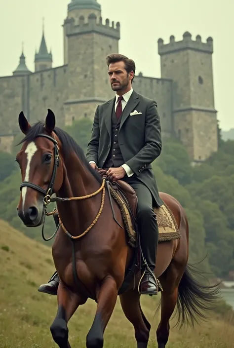 Create an image for me of a gentleman riding a horse and a castle as if it were a 1970 movie