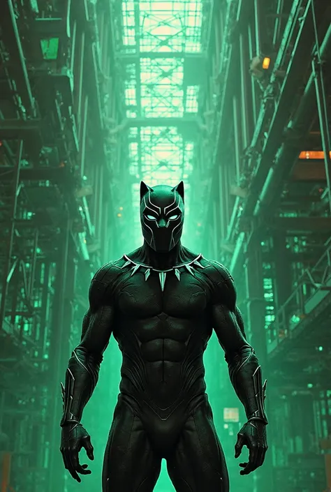 Black Panther character with a background scaffold in green tones and with 'MegaScaffolding'