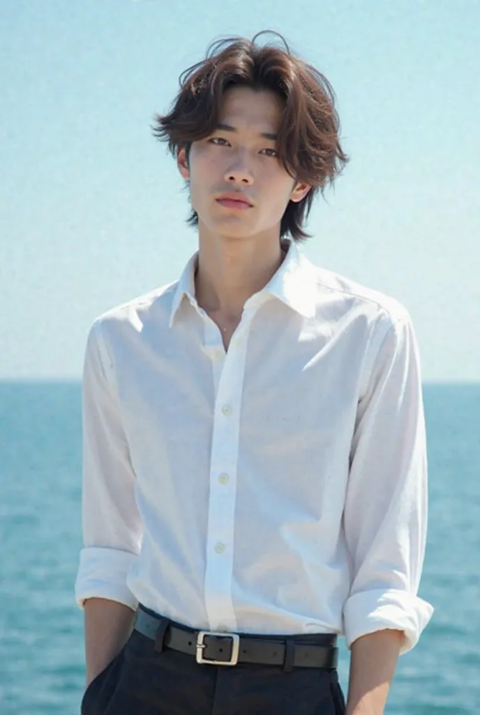 1 Medium haired Brunette, Caucasian, 18 years old, belt,  masterpiece, 8k, 1, Korea,  Excellent , Appear like an idol, High quality, Refreshing, High quality,  white shirt ,  black pants, Non-sexual handsome man, , Refreshing, Summer, Inky blue sea backgro...