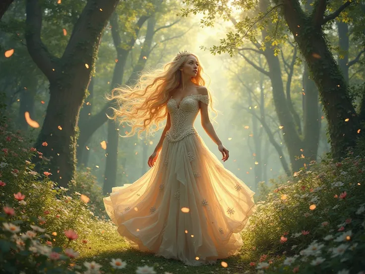 A magnificent princess from an enchanted forest.
ambiance : Mystical and beautiful , with a whimsical and fairytale atmosphere in a breathtaking and awe-inspiring landscape, full of life
