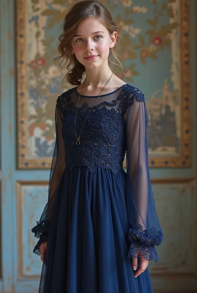 15-Year-Old Navy Long Sleeve Lace age Dress 
