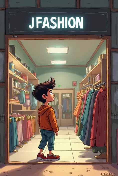 a Here's a script for a boys' clothing store:

*INT. J FASHION - DAY*

(The camera pans across the exterior of the store, showing the sign on the door: "J FASHION". The door opens, and a young boy, ALI, enters the store.)

*ALI:* (looking around) Wow, this...