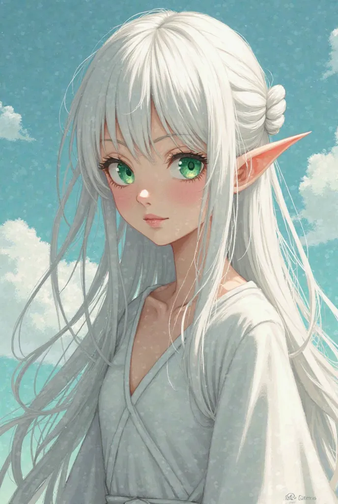  Make images for me : A beautiful 15-year-old woman with long white hair tied in two Maria Chiquinha her eyes are green but indifferent to the world, her skin is white and her ears are pointed (she is an elf) She wears a white outfit make her hair fly in t...