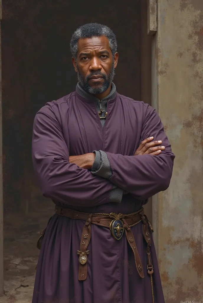 Denzel Washington ( 70 years old) with rustic and simple purple attire.  Medieval Suit. 