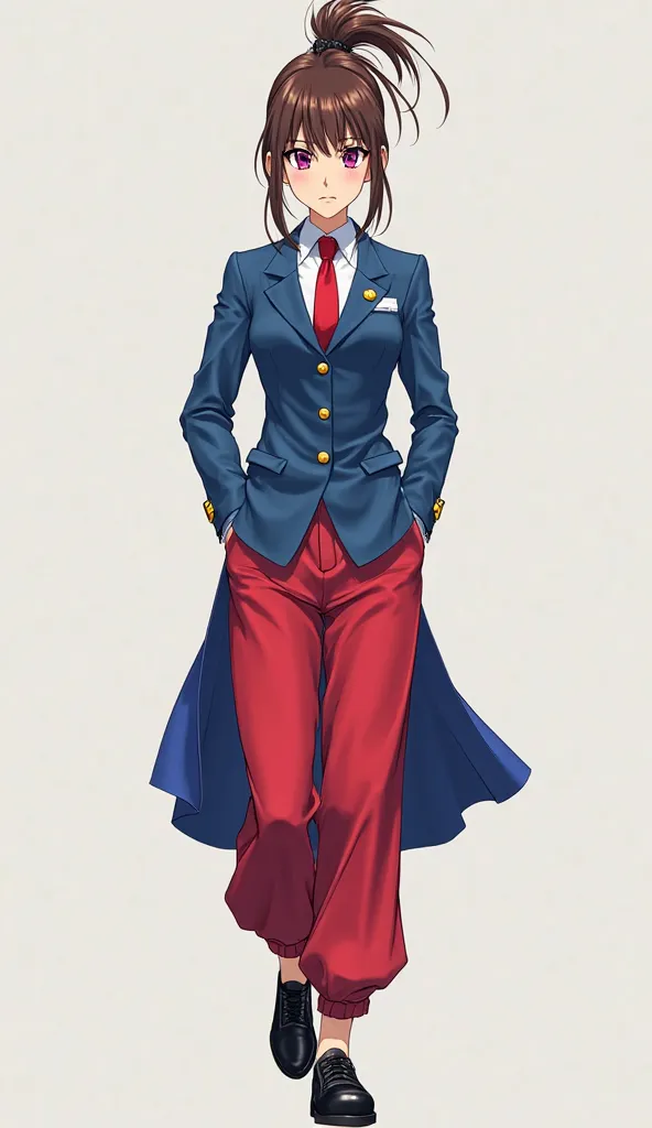 Japanese anime age woman with brown hair tied in a high bun and intense magenta eyes and wears a blue blazer with gold buttons, a white shirt, a red tie and with loose pants in vibrant red and with a deep blue skirt and wears shiny black shoes with laces a...