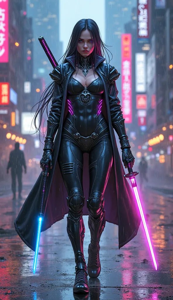 "A highly detailed digital illustration of a female cyberpunk swordswoman shown in both front and back poses. She has a sleek, athletic build and wears a futuristic armored bodysuit with glowing neon accents in shades of electric blue and violet. Her face ...