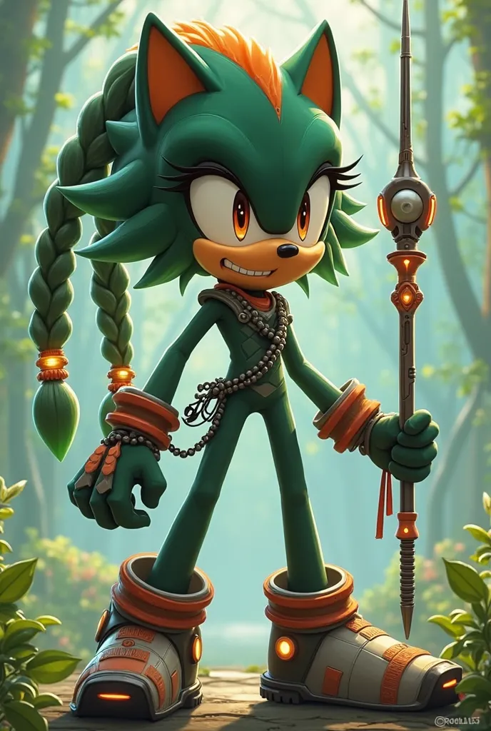 An anthropomorphic afrofemale character from the Sonic series, based on an crested thorn body. Her fur is green and her skin is black. She has raised bangs in the shape of a crest, the tip of the crest is brick-colored and goes down to the base with a grad...