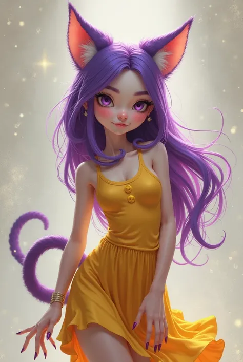 Cat girl with purple hair, yellow tank top and yellow skirt