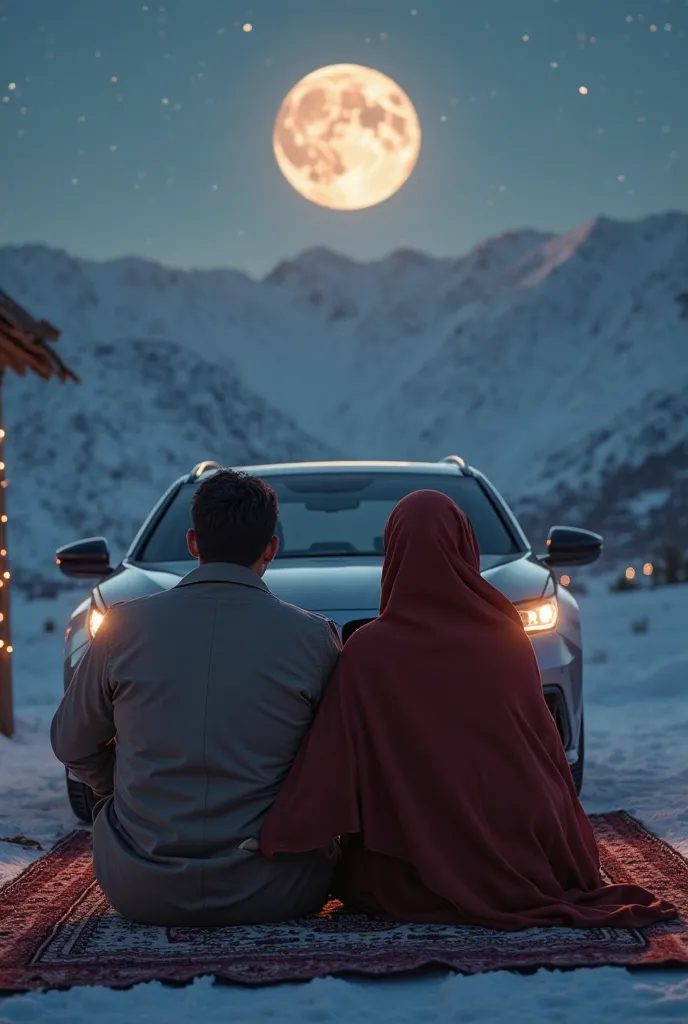 A picture of two young Arab couple, not old, sitting in front of a modern car and sitting on an Arab carpet with a Ramadan background, Ramadan accents, and in a snowy mountain and they look at the moon and not very close to each other

