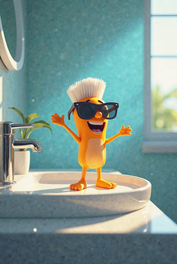 Cartoon toothbrush with sunglasses, relaxing on the bathroom sink, cinematic lighting