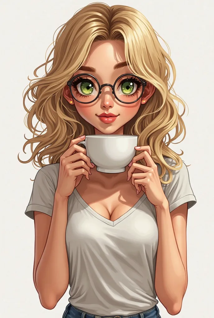 Draw an adult woman,  with realistic features , thin,  standing, green eyes, super happy, of curly blonde hair with some black highlights,  Of very delicate glasses on the kitten model , enjoying a delicious cup of coffee and placing the image without a ba...