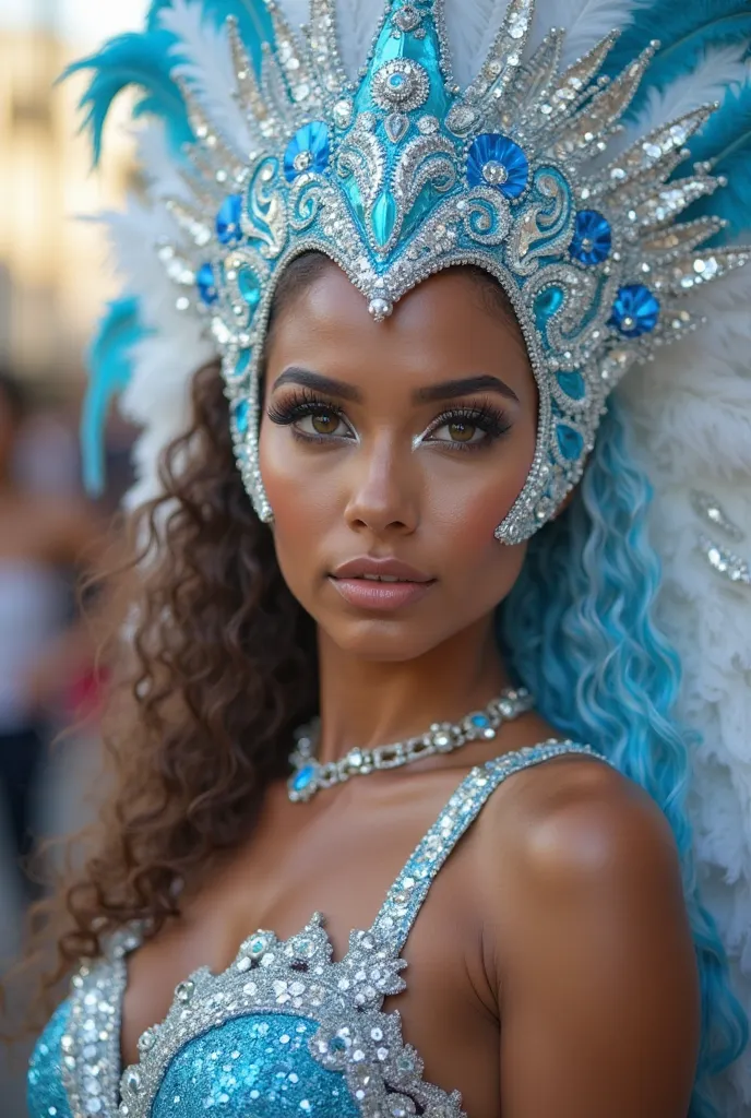 Brazilian woman at Carnival highlighting her face with a white and blue glitter costume, your skin tone light brown,  vibrant green eyes, with decorative feathers on the head white details with Yemanja carnival theme, Showing off the whole body with the ca...