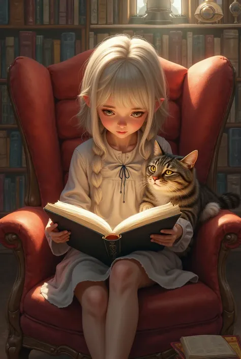 A blonde girl reading a book with a cat