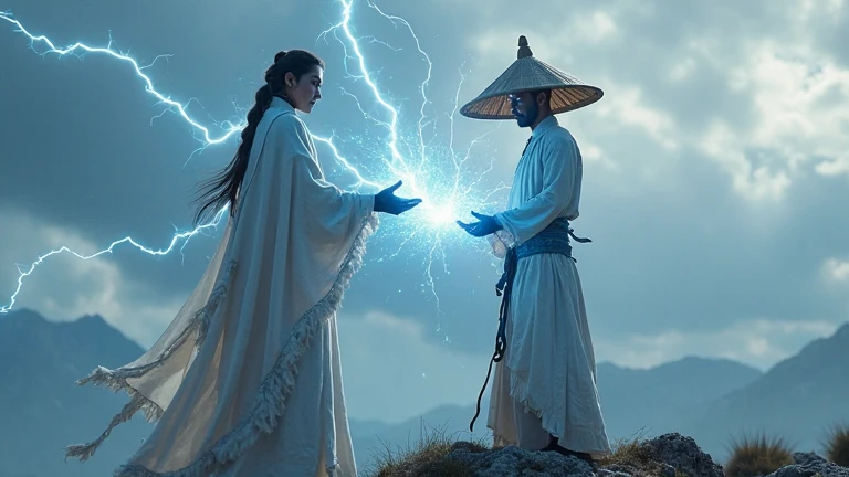 In a cinematic photorealistic scene, Raiden appears atop a mountain, wearing his traditional white robe with electric blue details on the sleeves and chest, torn at the edges by the wind. His conical straw hat is illuminated by lightning, and his eyes glow...