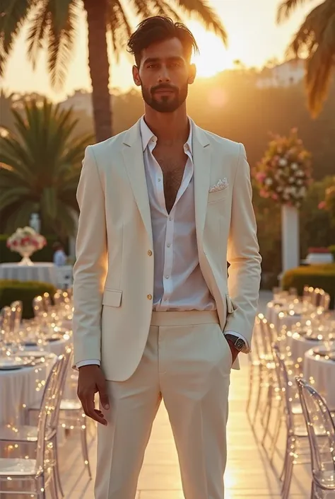 tall white man with short black hair and a slender black beard with a mysterious appearance and an athletic bearing wearing a white suit and white blouse Party room in shades of white with an altar in shades of gold and surrounding it a transparent chairs ...