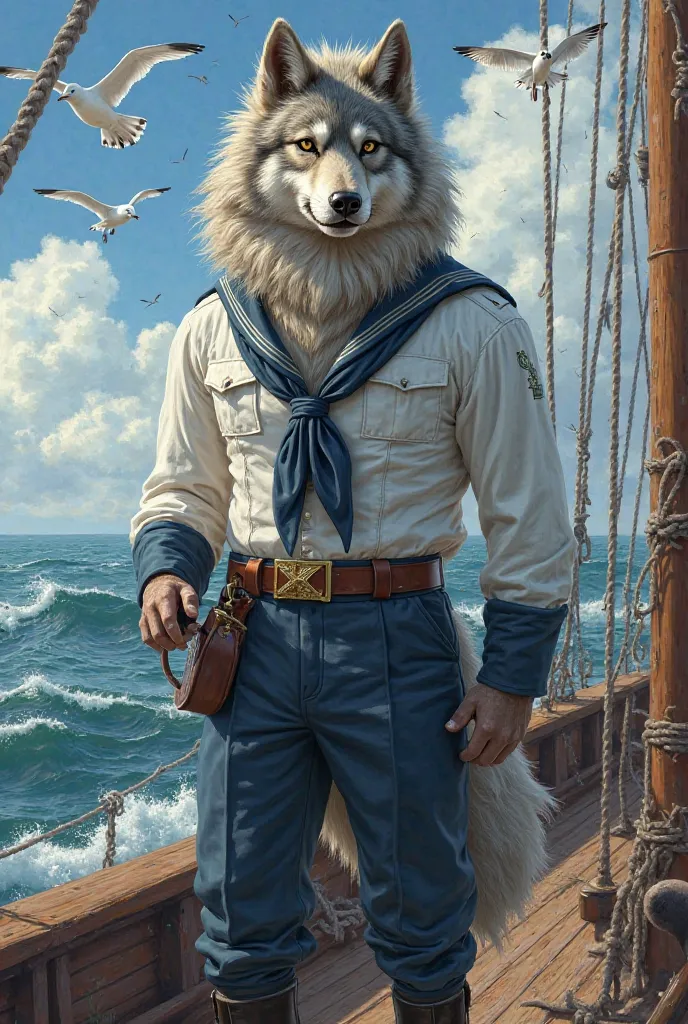 Create a drawing of a sea wolf in a sailor's outfit 