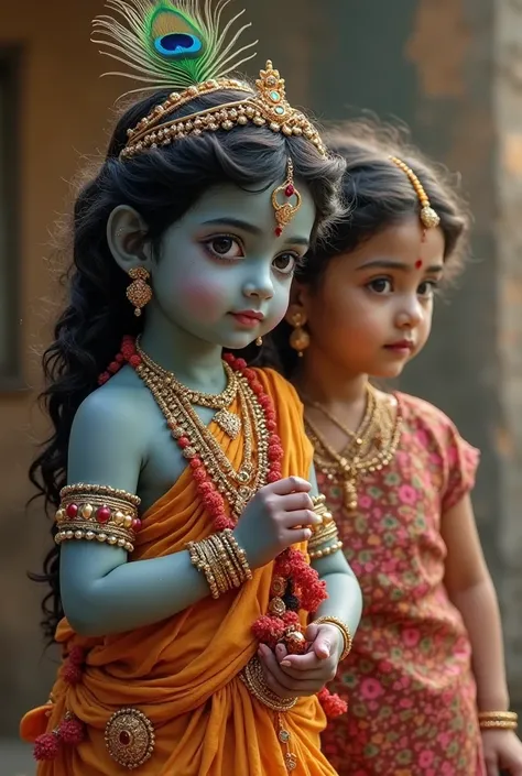 Krishna is a four-year-old . a body the color of a storm cloud. peacock feather in the hair. Radharani is a three-year-old  in a sari. the beauty of Vrindavan. Jewelry on the neck and on the head. Picture.