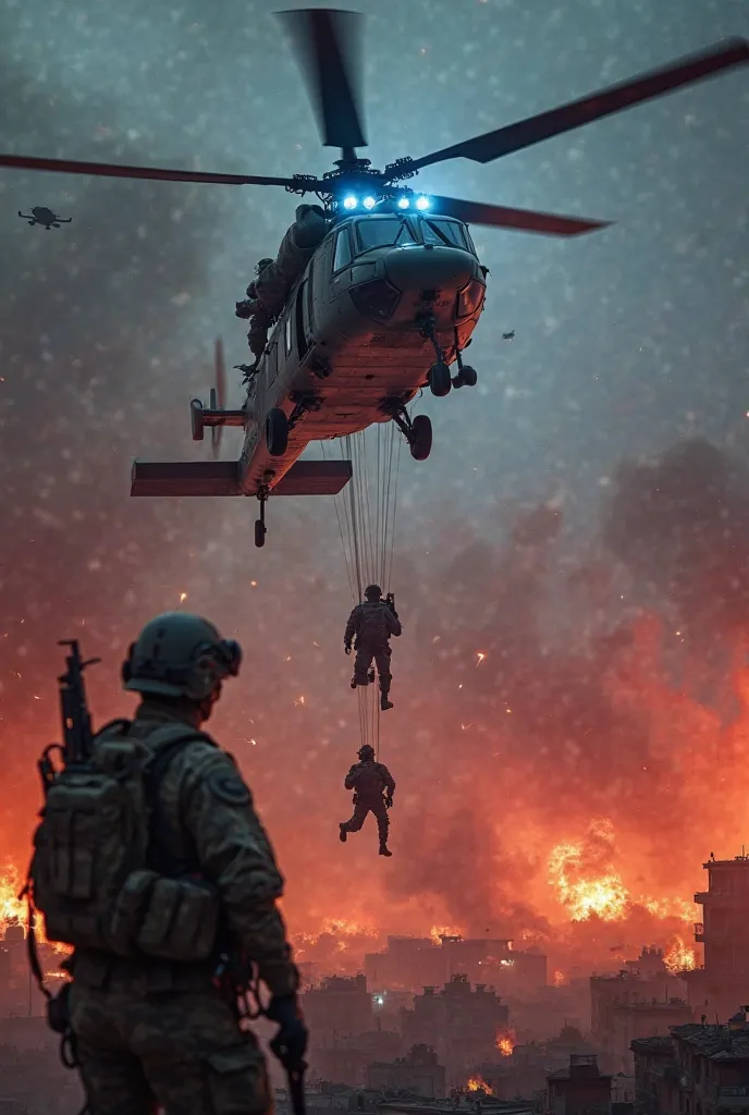 📌  Main Scene :
A Black Hawk helicopter descends into a combat zone while elite soldiers parachute and descend with rappel ropes. The scene transmits action, adrenaline and tactical precision.

📌 Key Details:

Military helicopter with bright lights, openin...