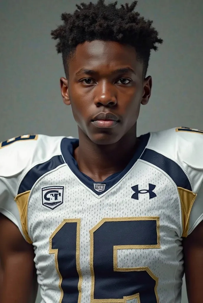 HIGH SCHOOL FOOTBALL PLAYER WITH NUMBER ON SHIRT LOOKING ON CAMERA NO MUSCLES NO BLACK SKIN