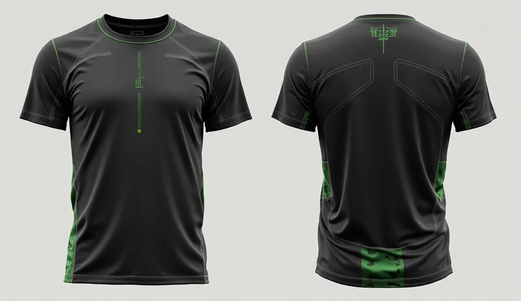 Black undergraduate physical education shirt with minimal green details and gray front and back details 