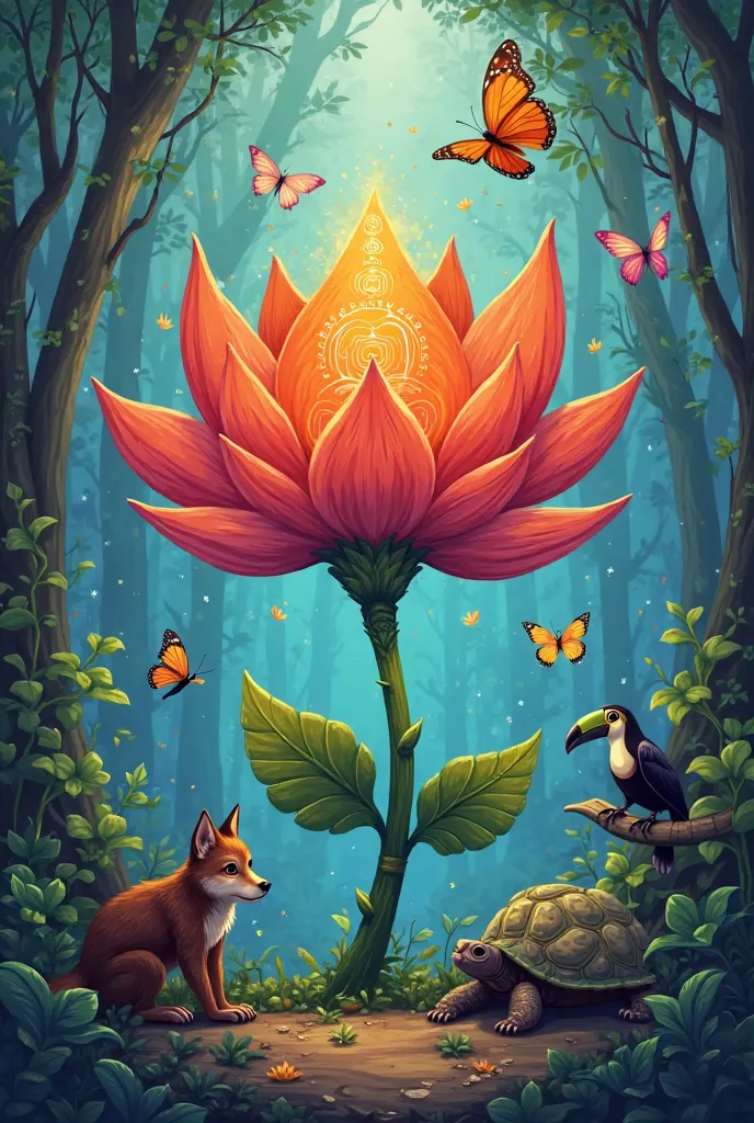 
"/imagine magical color-changing flower with ancient symbols on stem, surrounded by cartoon wolf cub, monkey, butterfly, toucan and turtle, Joanópolis forest, sunny morning, vibrant colors, detailed illustration, fantasy art, mysterious atmosphere --ar 16...