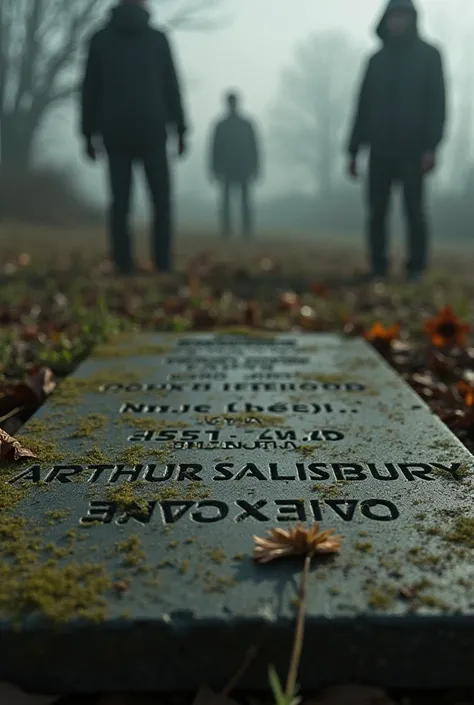 A close up of Reverend Salisbury's headstone, With the inscription  "Arthur Salisbury - 1957-2013 - Colui che sfidò la morte" barely readable. The headstone is covered with moss and lichen, and at his feet there is a withered flower.  In the background , t...