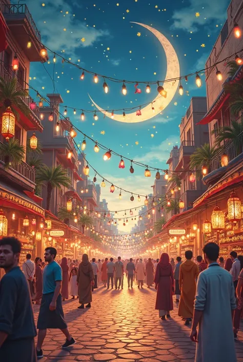 An Egyptian popular neighborhood filled with joy and happiness, and this appears in the celebration of the month of Ramadan with decorations, lights, and an empty place on the ground to add a product.