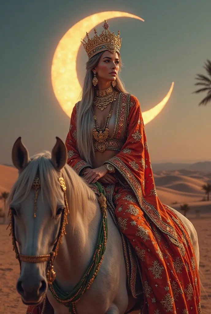 A queen wearing the crown and the Moroccan kaftan and sitting on the horse with the moon and the writing of Ramadan Mubarak 