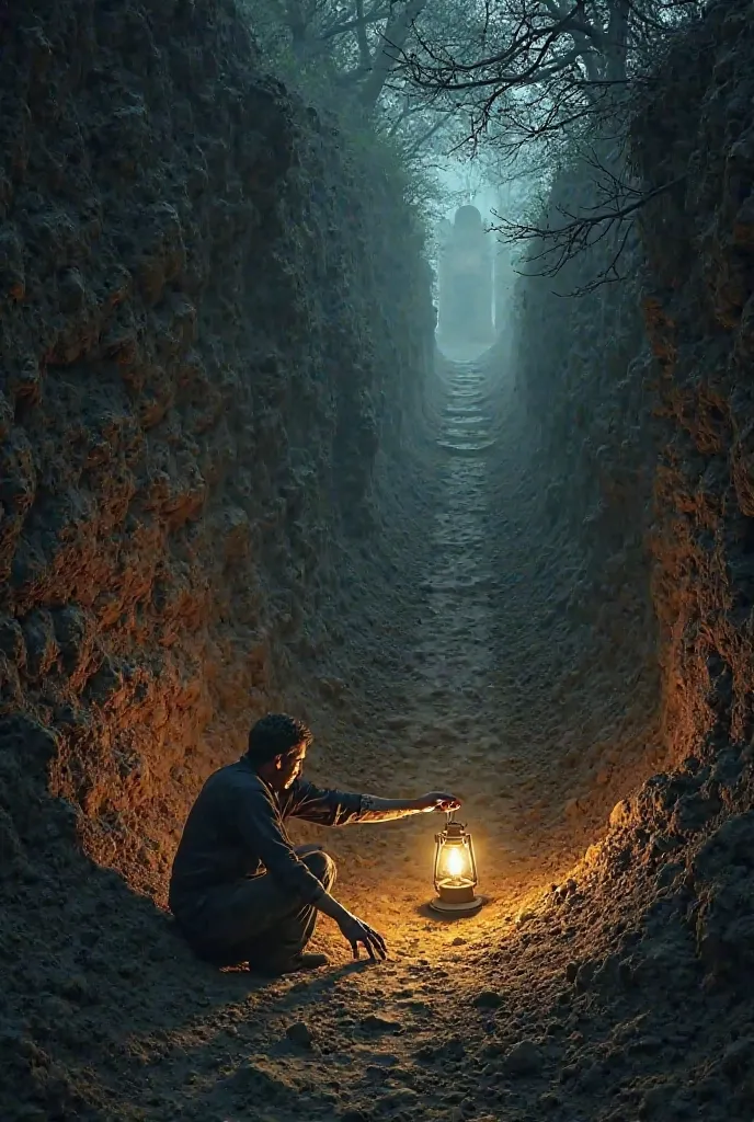 A side view of the excavated tomb, with the earth piled up on the sides and the footsteps heading towards the abandoned chapel. The narrator is kneeling next to the grave, with one hand touching the ground, while Gregory points to something in the distance...