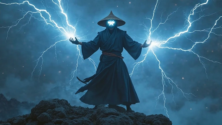 Photorealistic cinematic, Raiden appears on top of a mountain, his conical straw hat is illuminated by lightning, and his eyes glow with white electricity. He raises his hands, clad in black fingerless gloves, channeling lightning that streaks across the s...