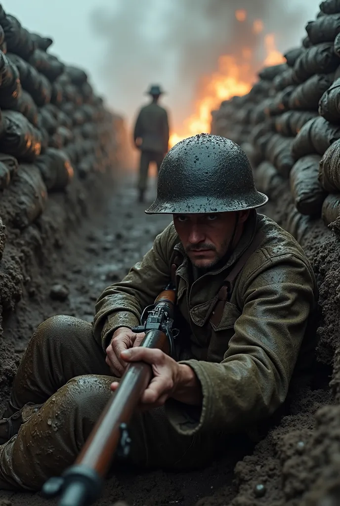 Ultra-realistic 4K POV image of a World War I soldier in the trenches, nearly lying down but appearing to sit, gripping a vintage bolt-action rifle with mud-covered hands. His uniform is soaked, caked in dirt and rain, and his metal helmet drips with water...