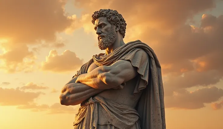 11. A towering statue of Marcus Aurelius, arms crossed, looking down with wisdom and strength, golden sunset casting shadows – ultra-detailed marble texture, cinematic composition.
