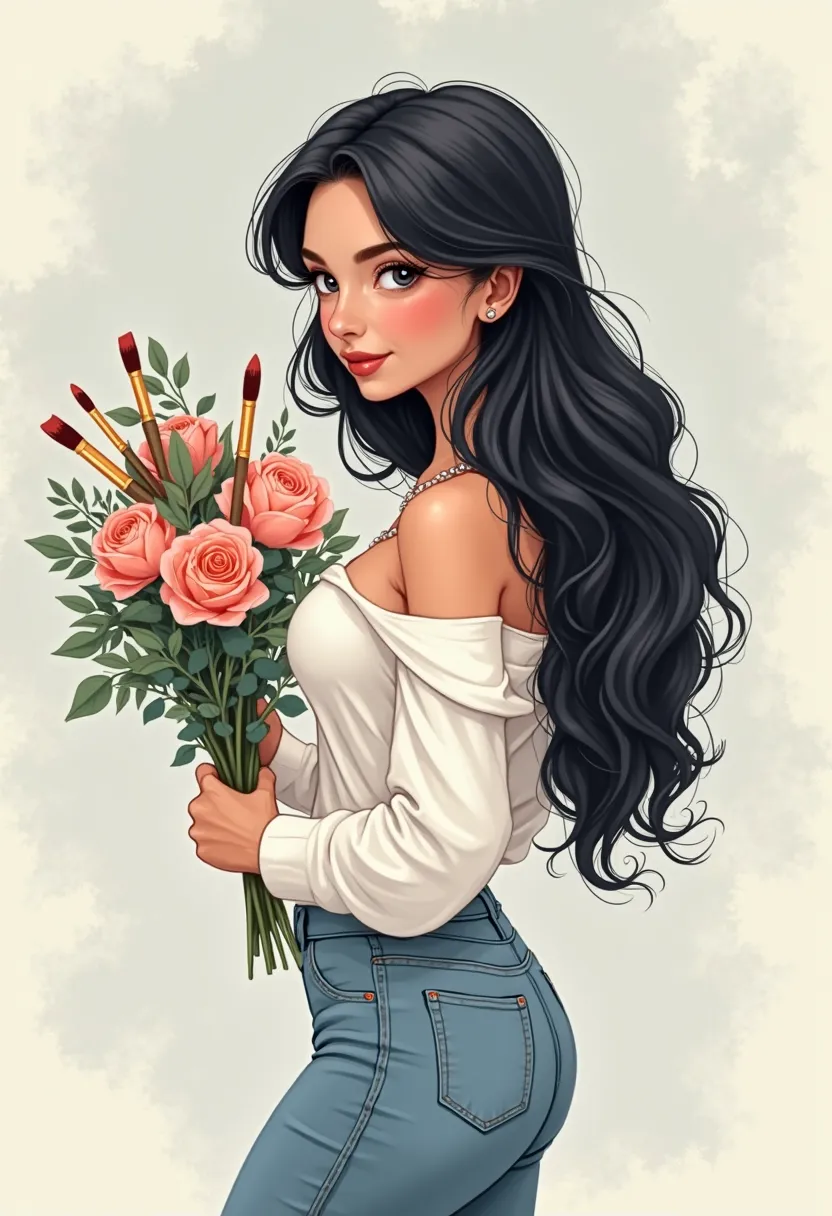 A Disney-style illustration with clearly drawn contour lines. A girl stands sideways, visible from the waist up, with her face completely hidden by long, wavy black hair without bangs, cascading past her shoulders. She has Ukrainian features and a delicate...