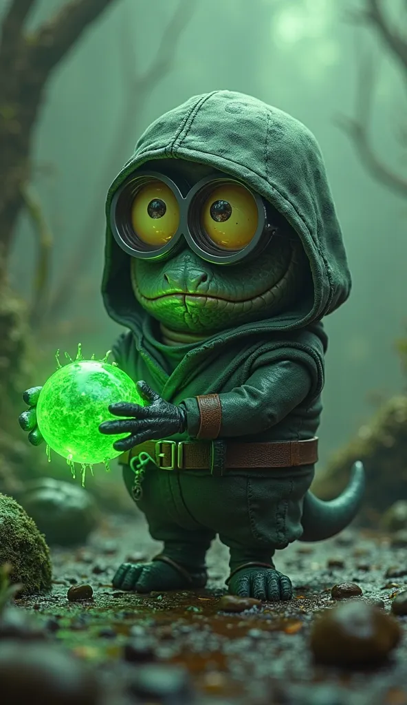 Create a Minion characterized as Reptile, keeping his iconic glasses, now with green lenses and reptilian details. He wears a dark green ninja outfit with subtle scales and a mask covering his mouth. Its skin has a slight greenish tinge, and its forked ton...