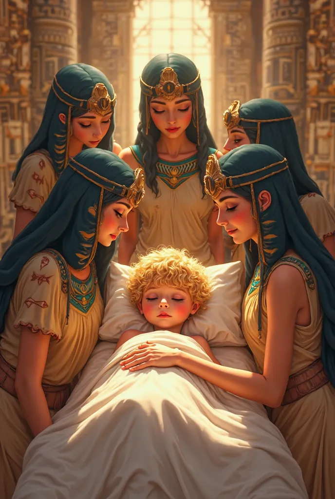 Little blond boy asleep in a bed being worshiped and cared for by several women in small Egyptian clothes. Animated theme drawing