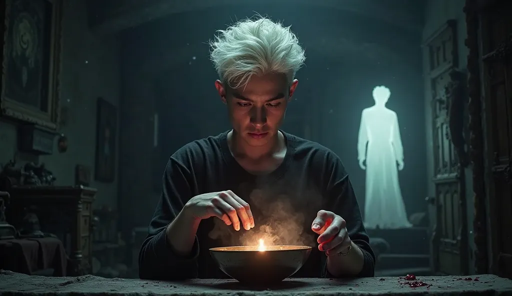 A young guy with white hair is conjuring in a dark room. The spell requires blood and cuts his palm over the bowl, from which the glow of magic comes. A ghostly man appeared behind him( translucent ) silhouette of a man with dark hair.  Realistic image sty...