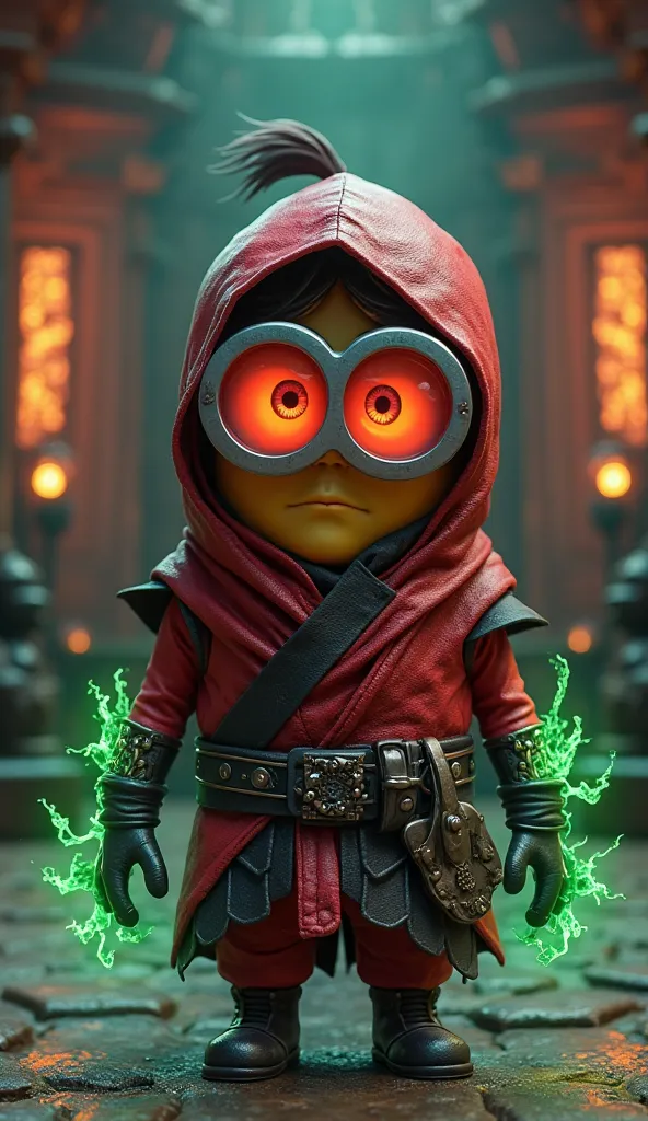 Create a Minion dressed as Ermac, keeping his glasses, now glowing a reddish hue. He wears a red and black ninja outfit with mystical details on his belt and arms. His hands emanate a green psychic aura, and his gaze is focused. The background shows a dark...