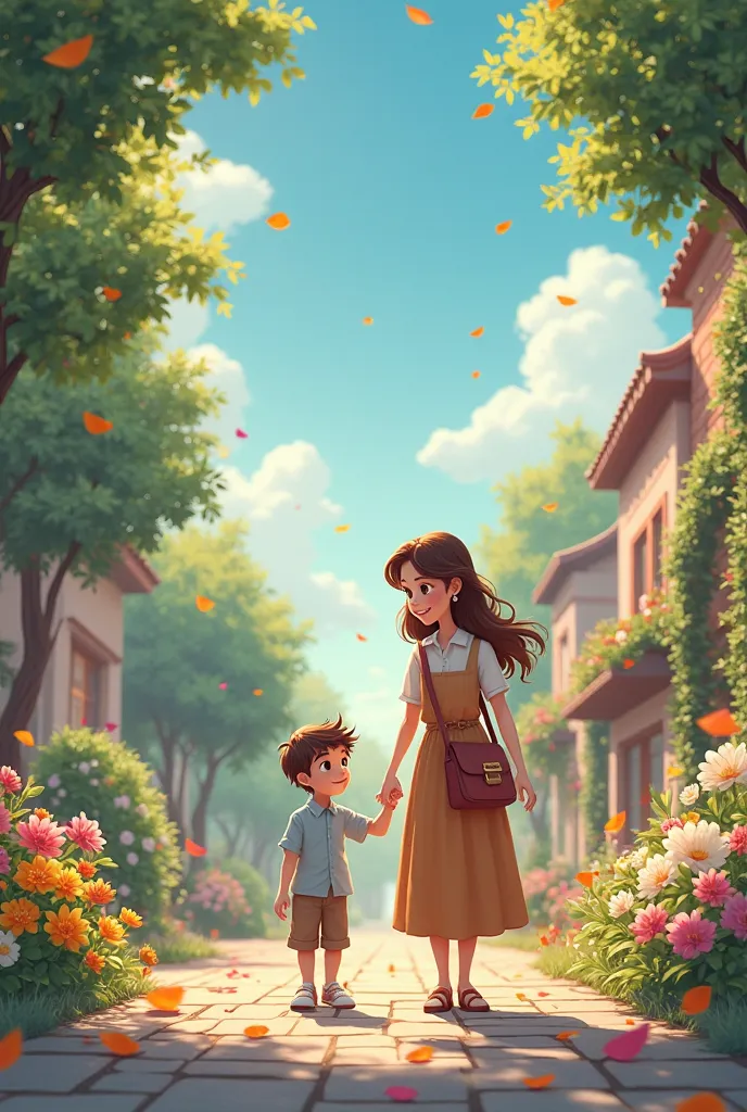 Create image of a age boy walking hand in hand with his mother, on a street with flowers and a blue sky 