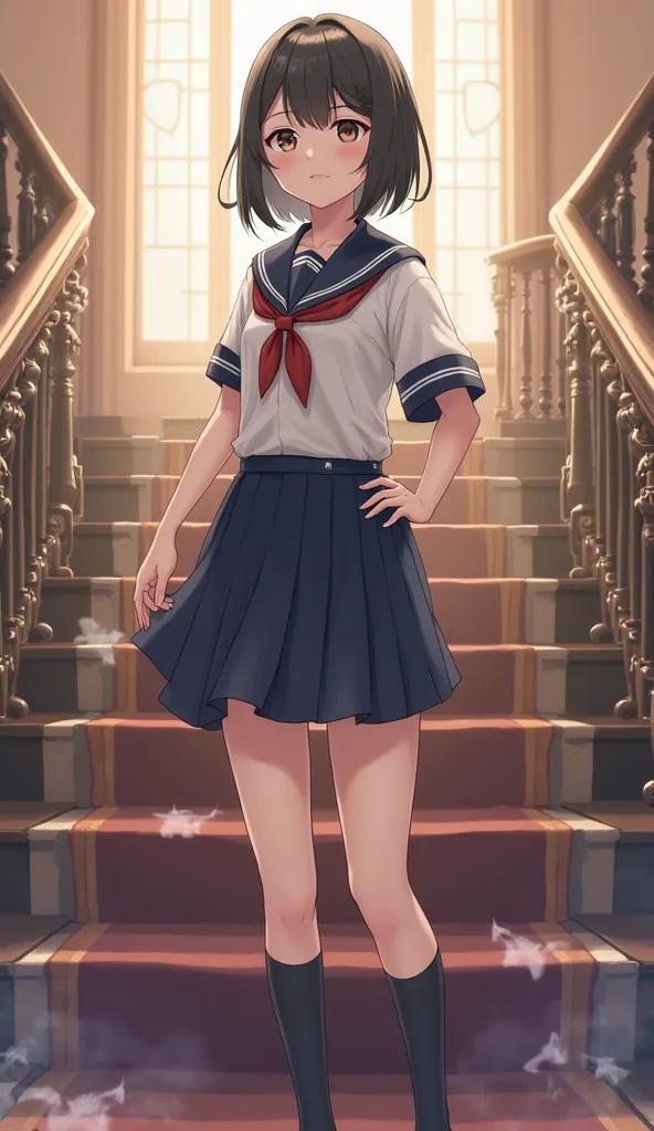 woman in a uniform posing on a stair, girl wearing uniform, wearing school uniform, japanese school uniform, wearing japanese school uniform, wearing a school uniform, japanese girl school uniform, jk uniform, seifuku, school uniform, cute schoolgirl, magi...